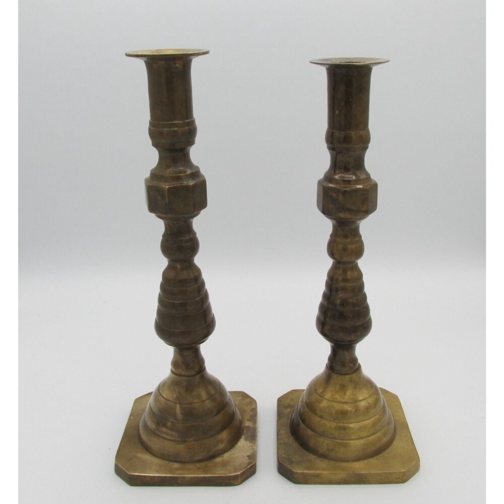 Pair Brass Candle Stick Holders 10" Vintage Taper Set Of 2  Korea Grannycore